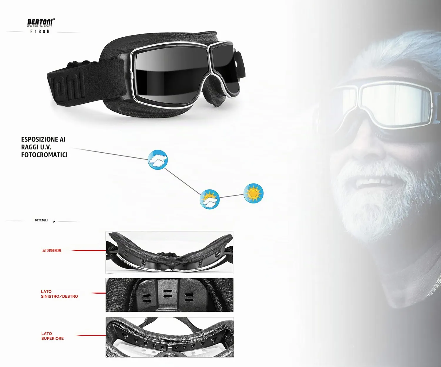 Bertoni 1949 188 maschera moto pelle fotocromatica nero
