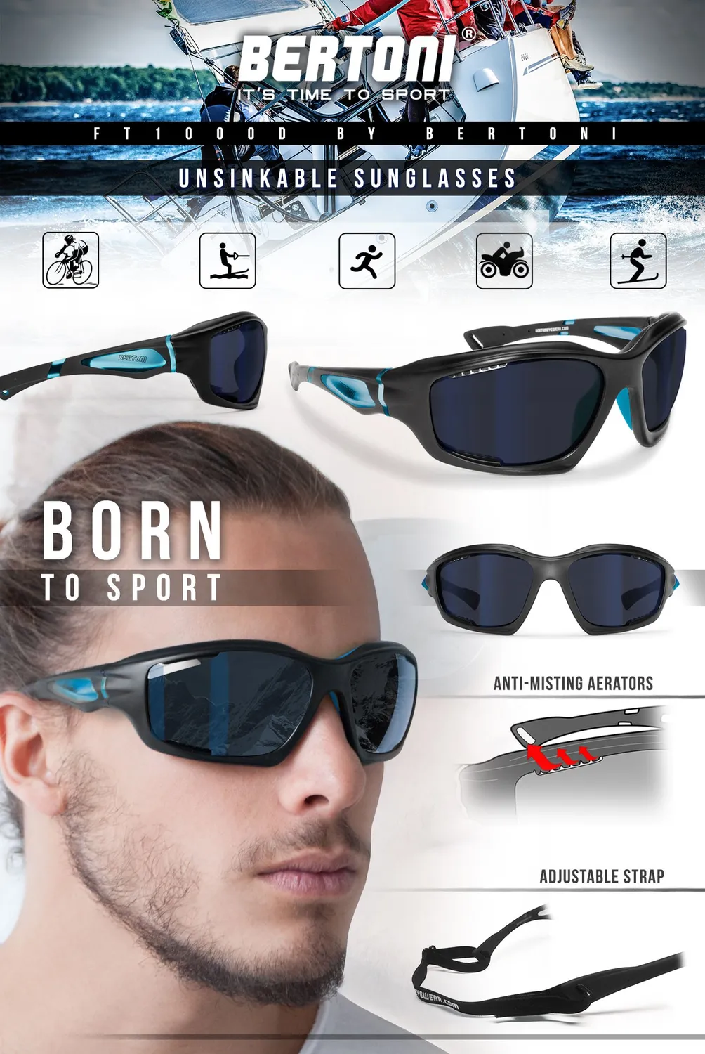 Bertoni FT1000D occhiali sport fumo specchiati blu galleggianti