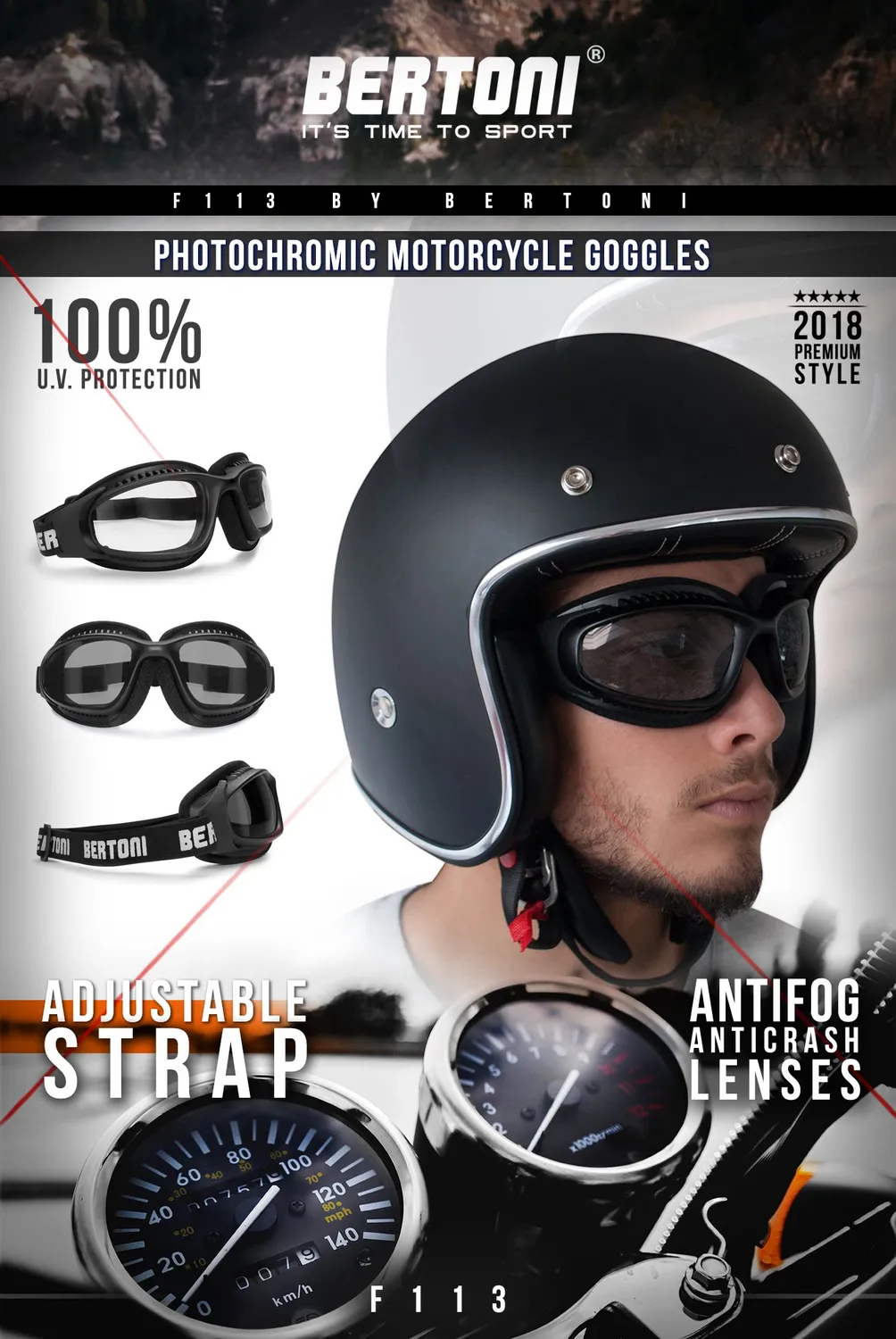 Bertoni AF113 maschera moto fotocromatica nero opaco