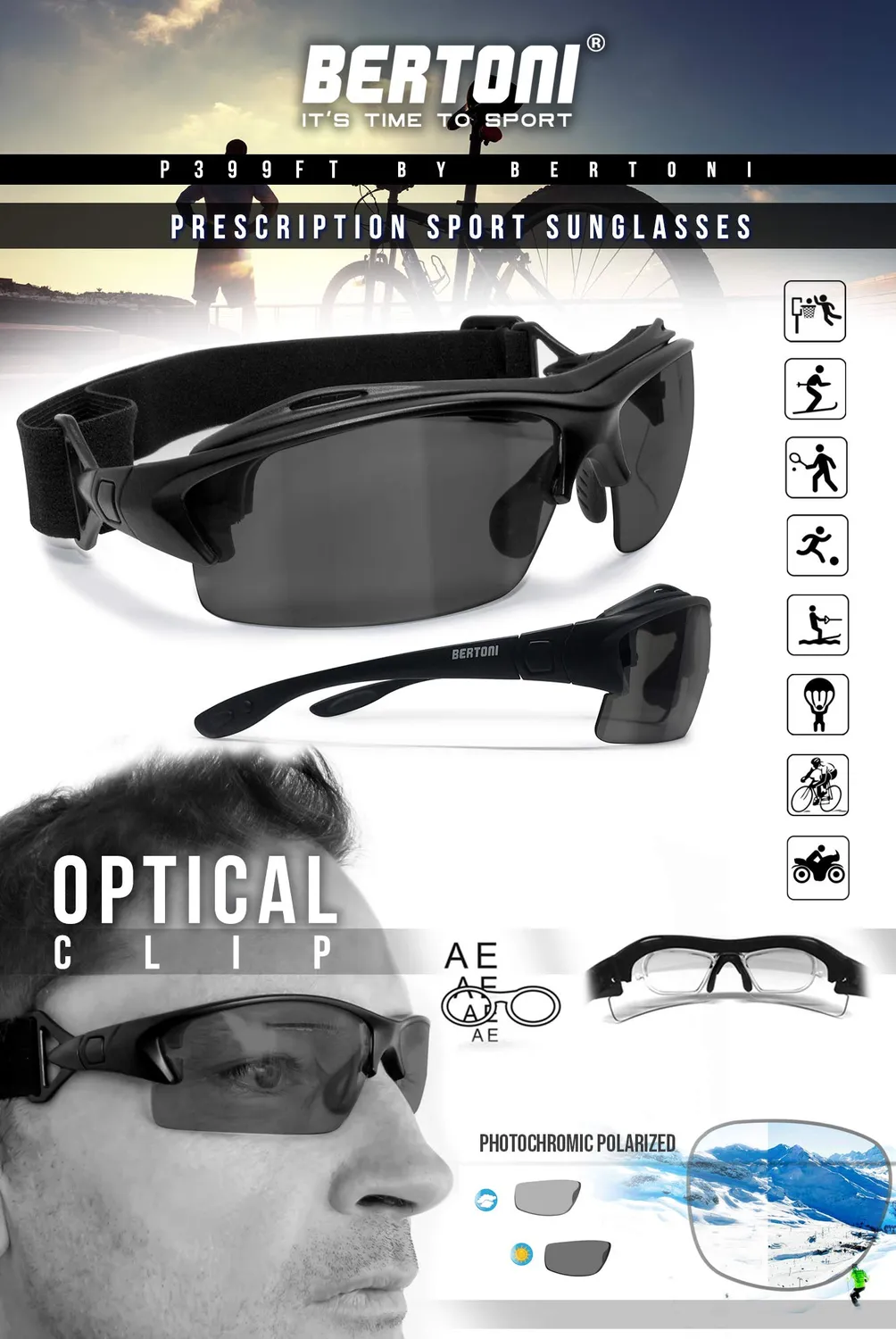 Bertoni 399 occhiali sportivi vista fotocromatici 3 lenti
