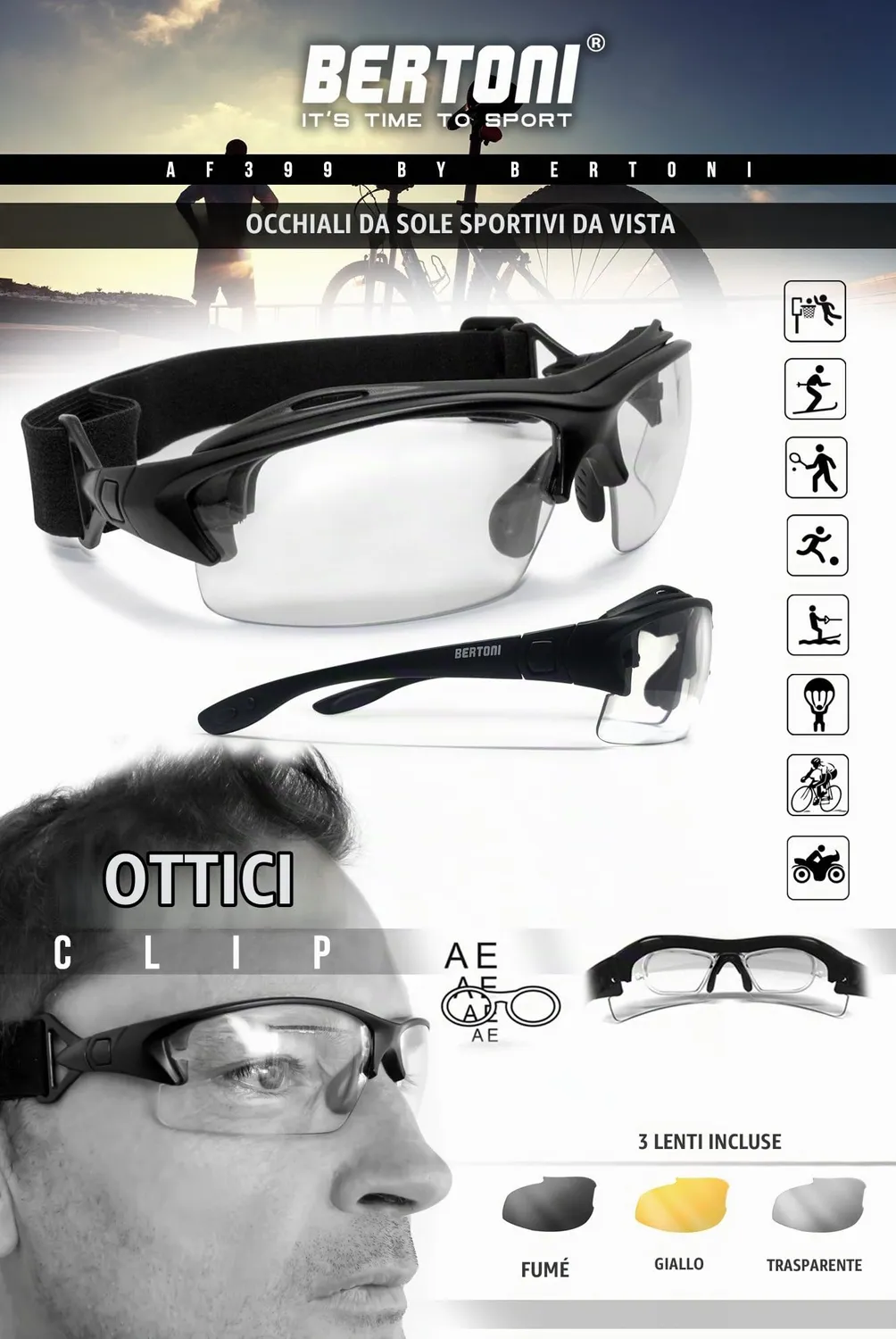 Bertoni AF399 Occhiali Sportivi Vista con 3 Lenti e Clip