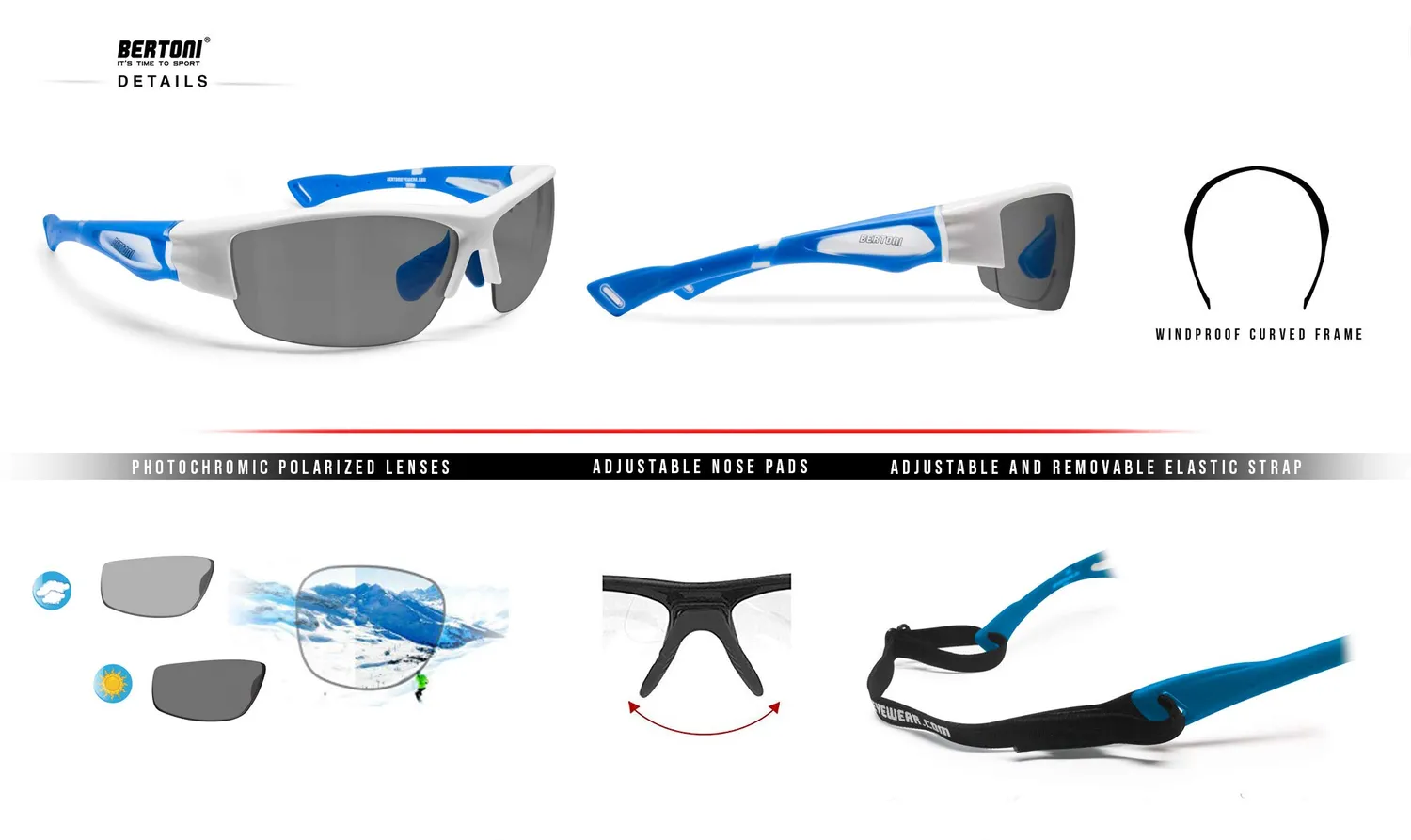 Bertoni P1001FTE occhiali ciclismo bianco blu polarizzati