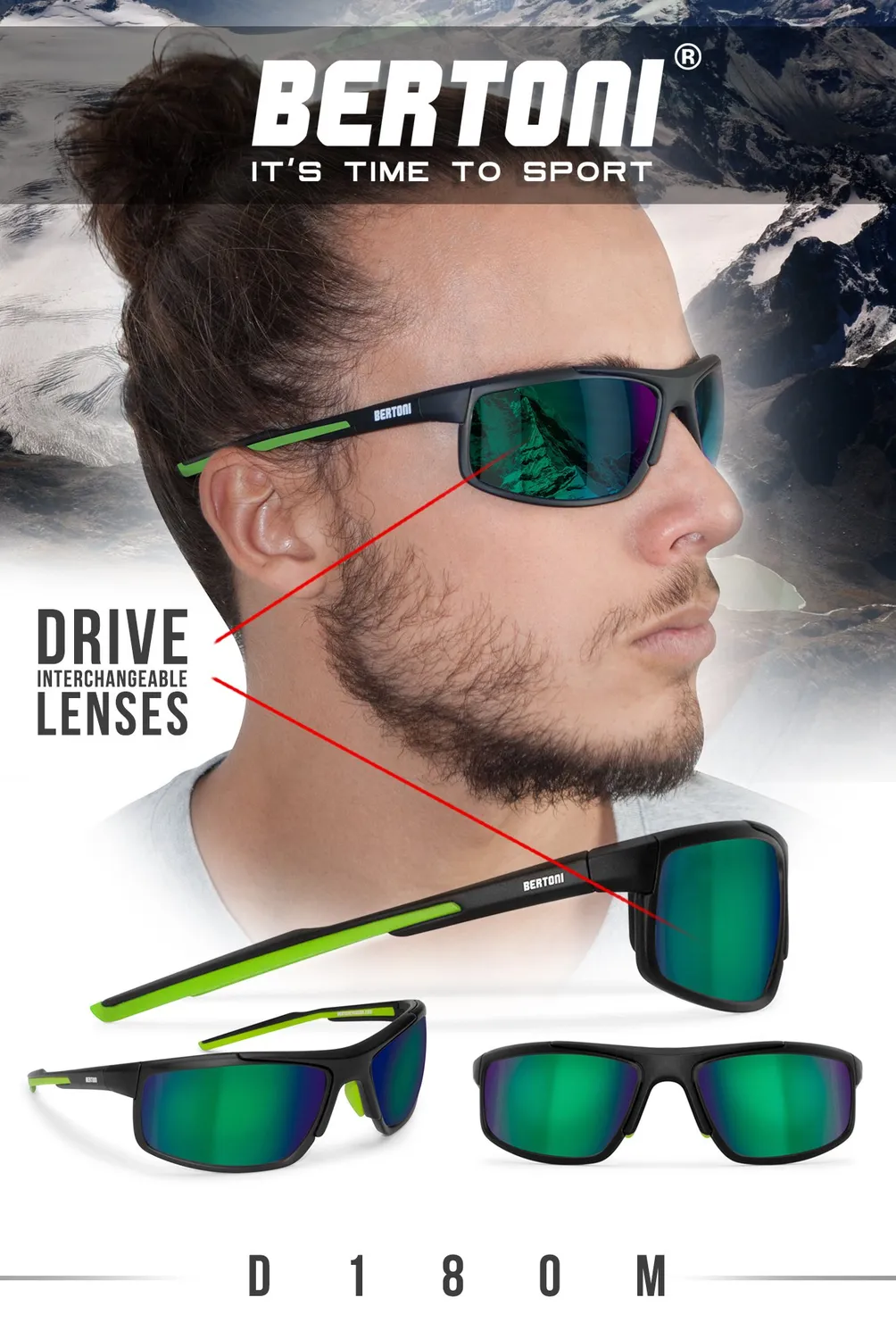 Bertoni D180M occhiale ciclismo kit 2 lenti fumo drive