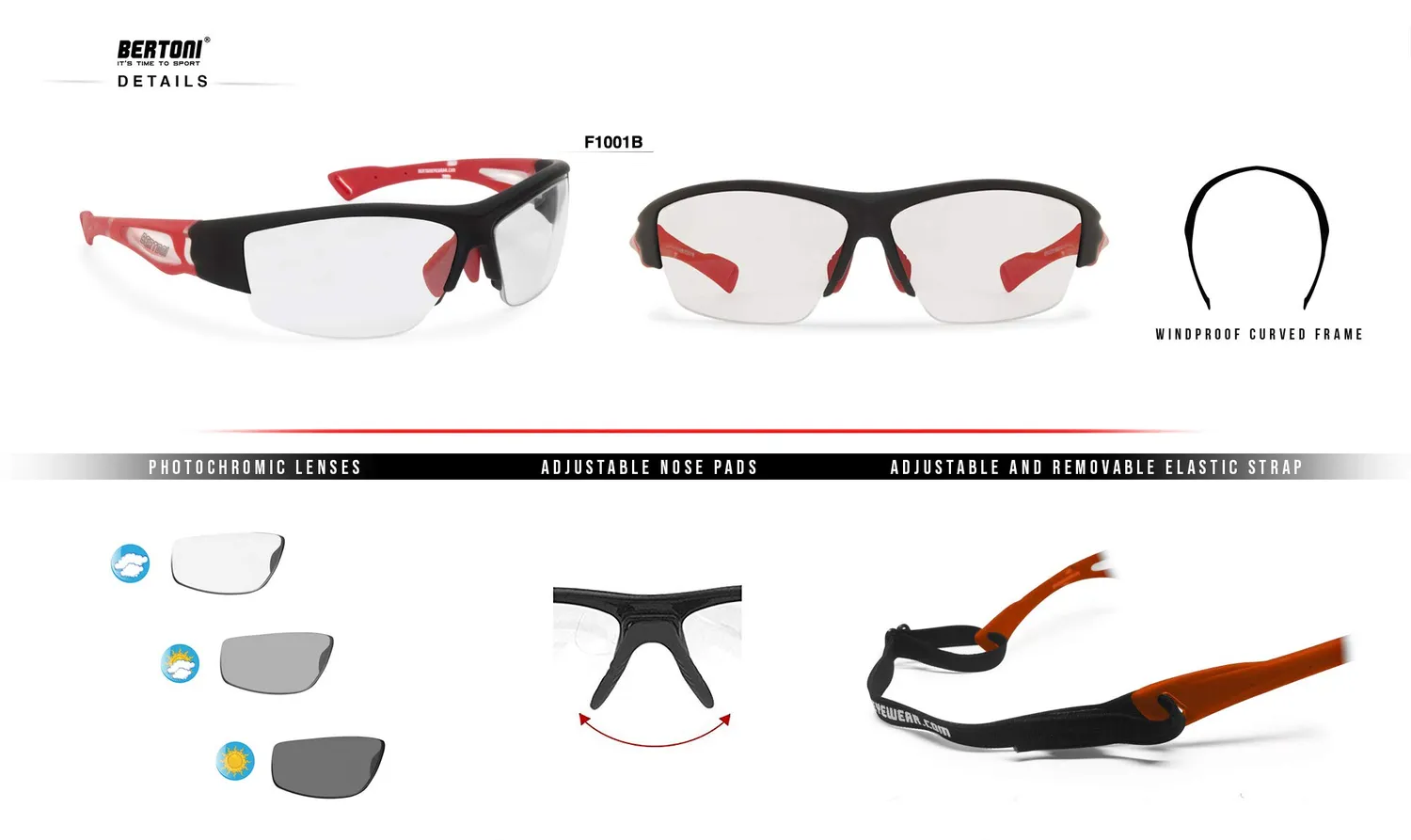 Bertoni F1001B occhiali ciclismo fotocromatici nero rosso